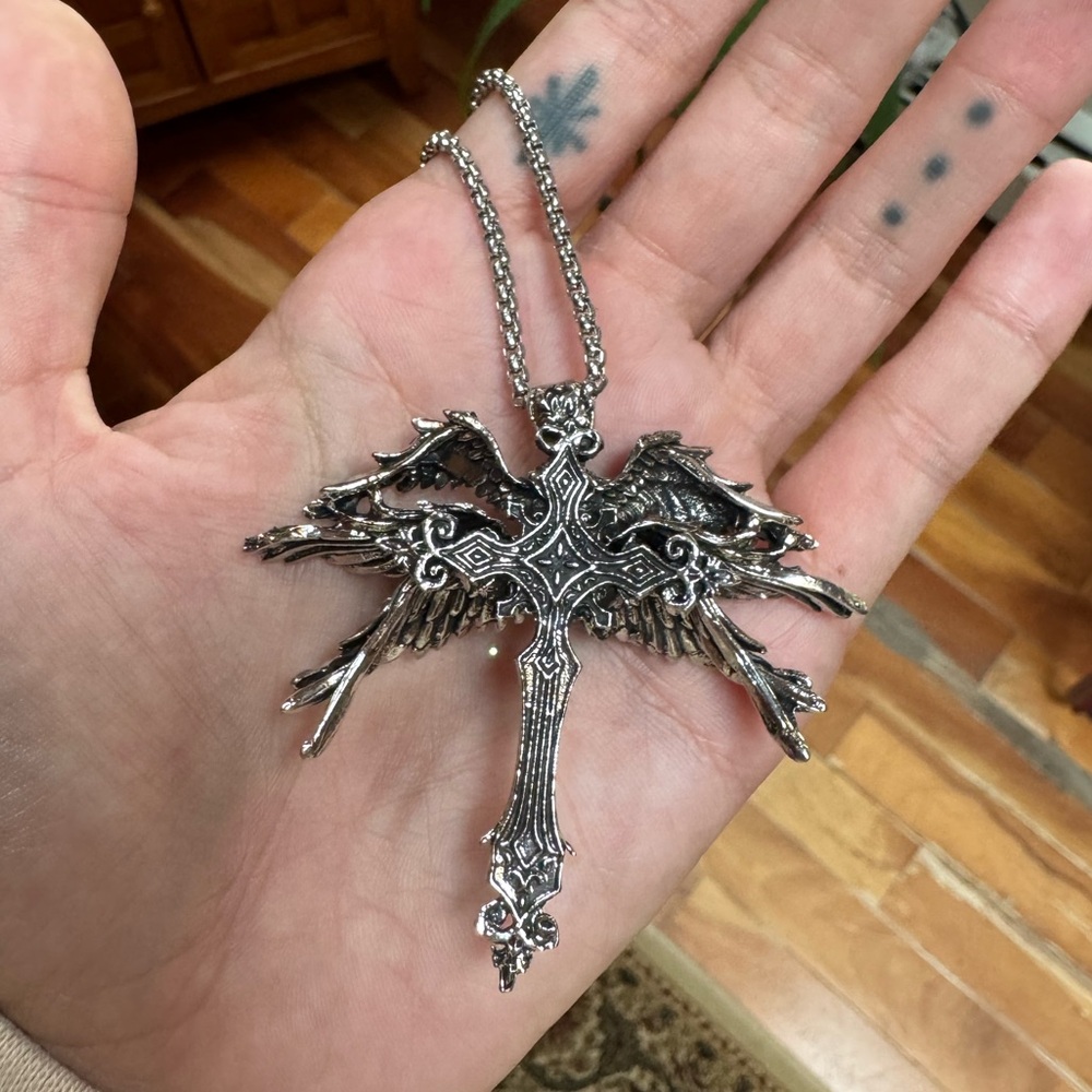 Dolls Kill Silver Winged Cross Necklace